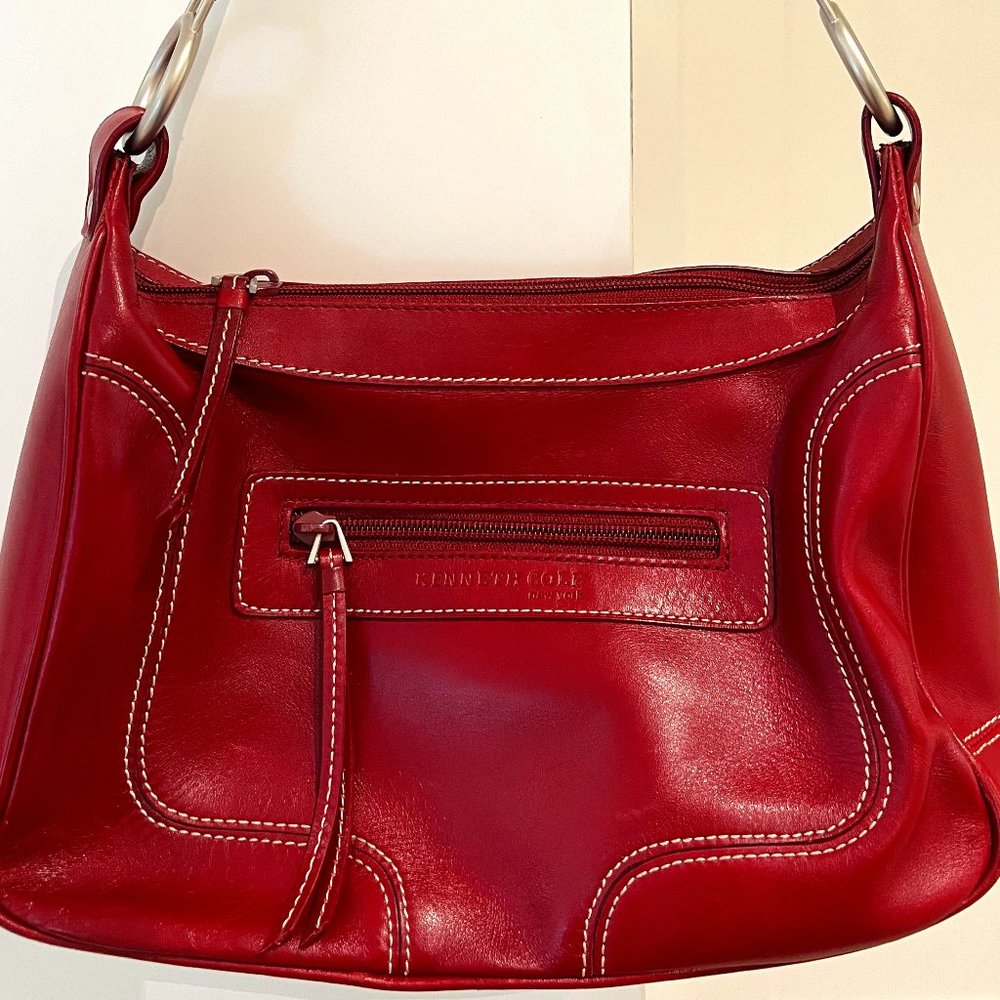 Kenneth Cole Red Leather White Stitch Silver Hardware Satchel Bag Purse